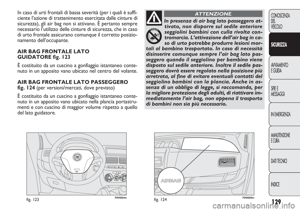 FIAT DOBLO COMBI 2014  Libretto Uso Manutenzione (in Italian) 129
CONOSCENZA
DEL
VEICOLO
SICUREZZA
AVVIAMENTO
E GUIDA
SPIE E
MESSAGGI
IN EMERGENZA
MANUTENZIONE
E CURA
DATI TECNICI
INDICE
F0V0024mfig. 123F0V0025mfig. 124
CONOSCENZA
DEL
VEICOLO
AVVIAMENTO
E GUIDA
