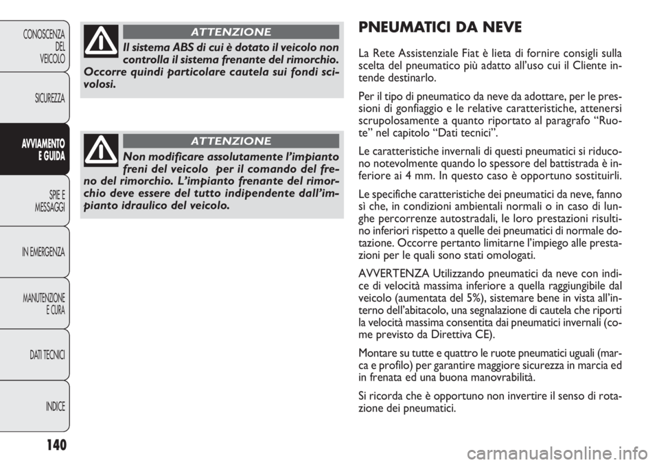 FIAT DOBLO COMBI 2014  Libretto Uso Manutenzione (in Italian) 140
CONOSCENZA
DEL
VEICOLO
SICUREZZA
AVVIAMENTO
E GUIDA
SPIE E
MESSAGGI
IN EMERGENZA
MANUTENZIONE
E CURA
DATI TECNICI
INDICE
PNEUMATICI DA NEVE
La Rete Assistenziale Fiat è lieta di fornire consigli 
