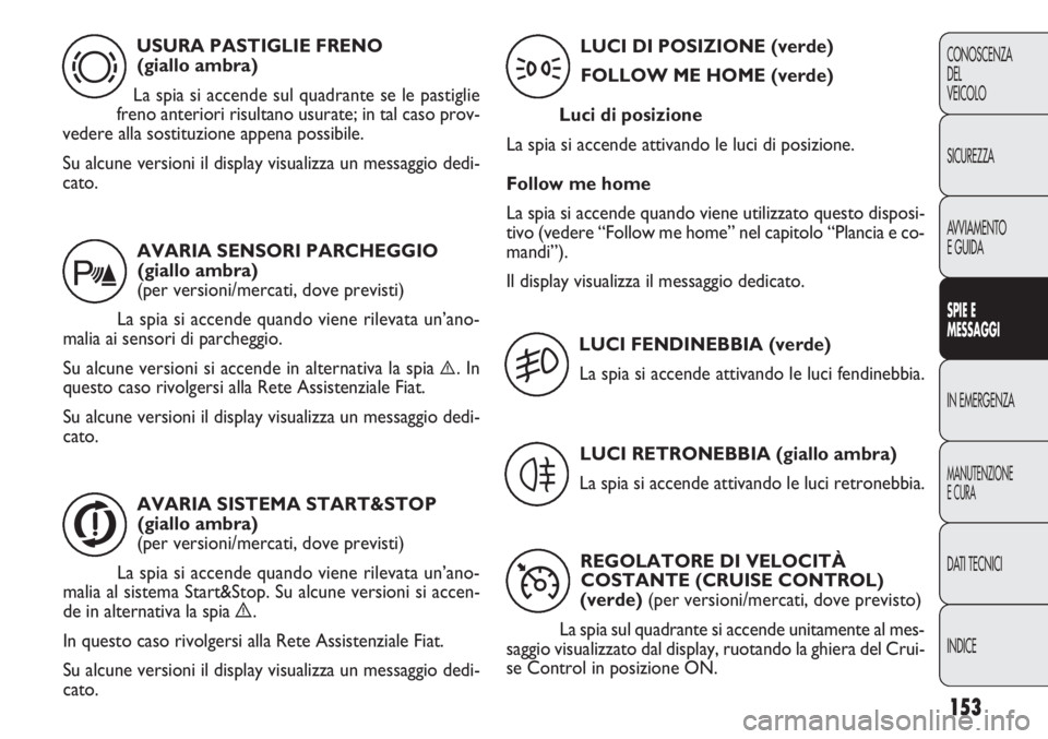 FIAT DOBLO COMBI 2013 Libretto Uso Manutenzione (in Italian) 153
CONOSCENZA
DEL
VEICOLO
SICUREZZA
AVVIAMENTO
E GUIDA
SPIE E
MESSAGGI
IN EMERGENZA
MANUTENZIONE
E CURA
DATI TECNICI
INDICE
USURA PASTIGLIE FRENO
(giallo ambra)
La spia si accende sul quadrante se l FIAT DOBLO COMBI 2013 Libretto Uso Manutenzione (in Italian) 153
CONOSCENZA
DEL
VEICOLO
SICUREZZA
AVVIAMENTO
E GUIDA
SPIE E
MESSAGGI
IN EMERGENZA
MANUTENZIONE
E CURA
DATI TECNICI
INDICE
USURA PASTIGLIE FRENO
(giallo ambra)
La spia si accende sul quadrante se l