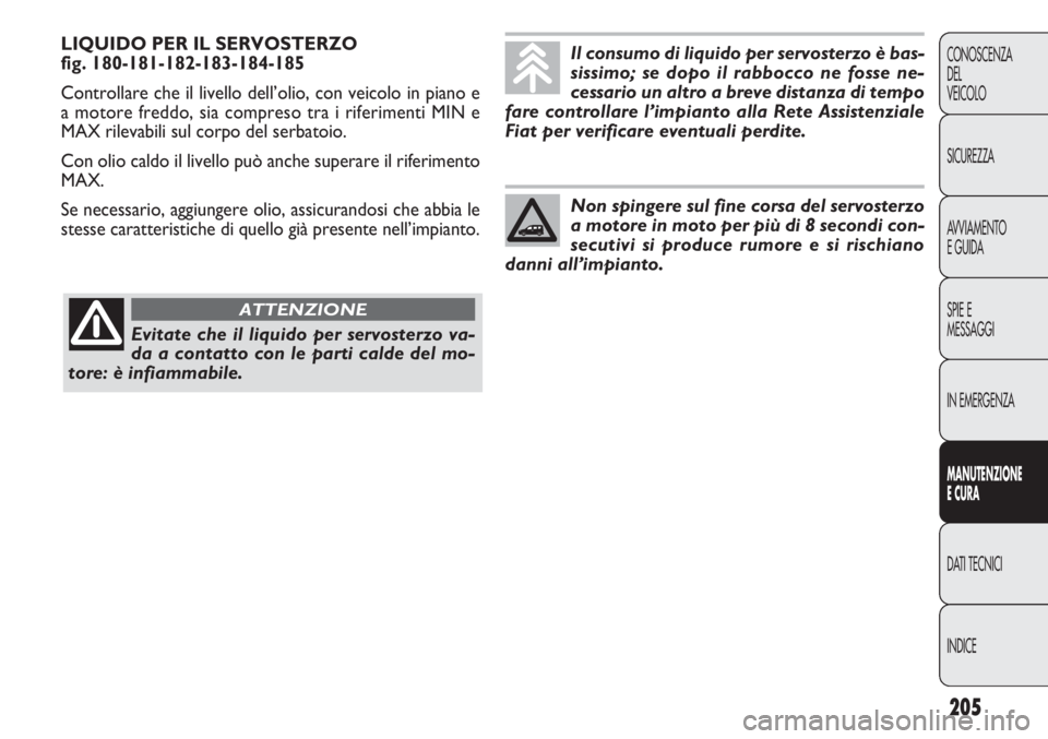 FIAT DOBLO COMBI 2014 Libretto Uso Manutenzione (in Italian) 205
CONOSCENZA
DEL
VEICOLO
SICUREZZA
AVVIAMENTO
E GUIDA
SPIE E
MESSAGGI
IN EMERGENZA
MANUTENZIONE
E CURA
DATI TECNICI
INDICE
LIQUIDO PER IL SERVOSTERZO
fig. 180-181-182-183-184-185
Controllare che il FIAT DOBLO COMBI 2014 Libretto Uso Manutenzione (in Italian) 205
CONOSCENZA
DEL
VEICOLO
SICUREZZA
AVVIAMENTO
E GUIDA
SPIE E
MESSAGGI
IN EMERGENZA
MANUTENZIONE
E CURA
DATI TECNICI
INDICE
LIQUIDO PER IL SERVOSTERZO
fig. 180-181-182-183-184-185
Controllare che il