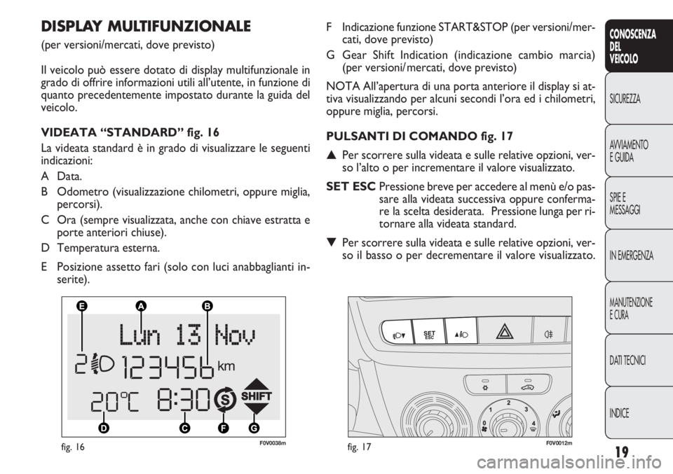 FIAT DOBLO COMBI 2012  Libretto Uso Manutenzione (in Italian) 19
CONOSCENZA
DEL
VEICOLO
SICUREZZA
AVVIAMENTO
E GUIDA
SPIE E
MESSAGGI
IN EMERGENZA
MANUTENZIONE
E CURA
DATI TECNICI
INDICE
F0V0038mfig. 16F0V0012mfig. 17
F Indicazione funzione START&STOP (per versio