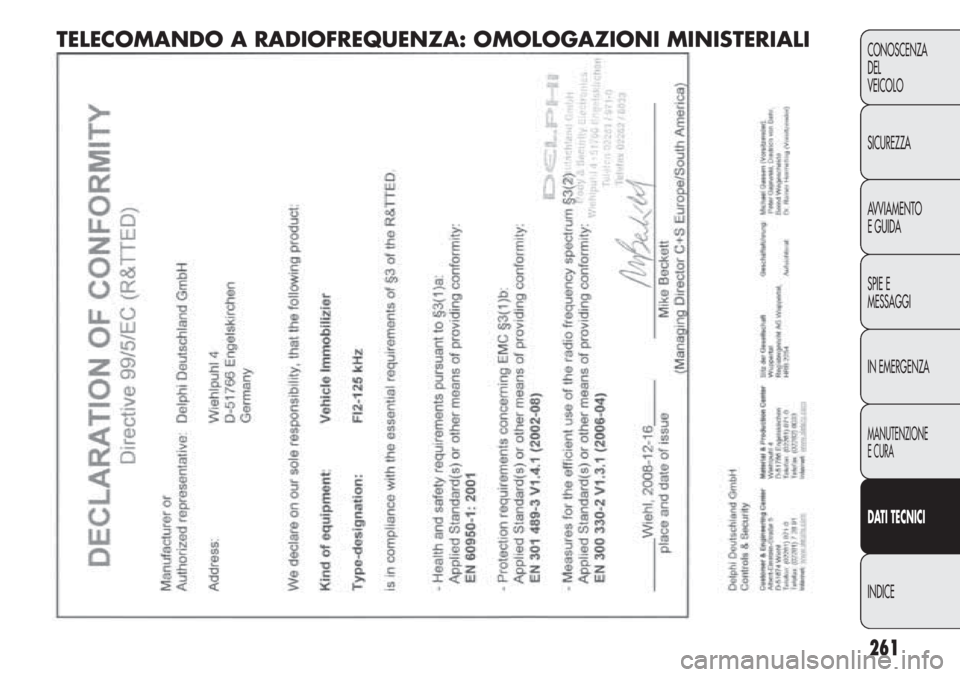 FIAT DOBLO COMBI 2014  Libretto Uso Manutenzione (in Italian) 261
CONOSCENZA
DEL
VEICOLO
SICUREZZA
AVVIAMENTO
E GUIDA
SPIE E
MESSAGGI
IN EMERGENZA
MANUTENZIONE
E CURA
DAT I TECNICI
INDICE
TELECOMANDO A RADIOFREQUENZA: OMOLOGAZIONI MINISTERIALI  