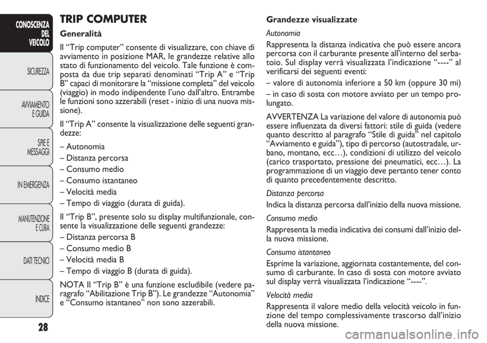 FIAT DOBLO COMBI 2014 Libretto Uso Manutenzione (in Italian) 28
CONOSCENZA
DEL
VEICOLO
SICUREZZA
AVVIAMENTO
E GUIDA
SPIE E
MESSAGGI
IN EMERGENZA
MANUTENZIONE
E CURA
DATI TECNICI
INDICE
Grandezze visualizzate
Autonomia
Rappresenta la distanza indicativa che può FIAT DOBLO COMBI 2014 Libretto Uso Manutenzione (in Italian) 28
CONOSCENZA
DEL
VEICOLO
SICUREZZA
AVVIAMENTO
E GUIDA
SPIE E
MESSAGGI
IN EMERGENZA
MANUTENZIONE
E CURA
DATI TECNICI
INDICE
Grandezze visualizzate
Autonomia
Rappresenta la distanza indicativa che può