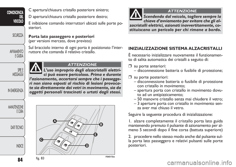 FIAT DOBLO COMBI 2013 Libretto Uso Manutenzione (in Italian) 84
CONOSCENZA
DEL
VEICOLO
SICUREZZA
AVVIAMENTO
E GUIDA
SPIE E
MESSAGGI
IN EMERGENZA
MANUTENZIONE
E CURA
DATI TECNICI
INDICE
L’uso improprio degli alzacristalli elettri-
ci può essere pericoloso. Pr FIAT DOBLO COMBI 2013 Libretto Uso Manutenzione (in Italian) 84
CONOSCENZA
DEL
VEICOLO
SICUREZZA
AVVIAMENTO
E GUIDA
SPIE E
MESSAGGI
IN EMERGENZA
MANUTENZIONE
E CURA
DATI TECNICI
INDICE
L’uso improprio degli alzacristalli elettri-
ci può essere pericoloso. Pr