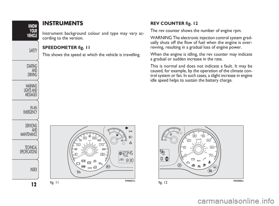 FIAT DOBLO COMBI 2010  Owner handbook (in English) 12
KNOW 
YOUR 
VEHICLE
SAFETY
STARTING 
AND 
DRIVING
WARNING 
LIGHTS AND
MESSAGES
IN AN 
EMERGENCY
SERVICING 
AND 
MAINTENANCE
TECHNICAL
SPECIFICATIONS
INDEX
 
F0V0007mfig. 11F0V0008mfig. 12
REV COUNT