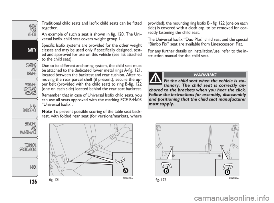 FIAT DOBLO COMBI 2009 Owner handbook (in English) 126
KNOW
YOUR
VEHICLE
SAFETY
STARTING
AND
DRIVING
WARNING
LIGHTS AND
MESSAGES
IN AN
EMERGENCY
SERVICING
AND
MAINTENANCE
TECHNICAL
SPECIFICATIONS
INDEX
F0V0128mfig. 121F0V0129mfig. 122
Traditio FIAT DOBLO COMBI 2009 Owner handbook (in English) 126
KNOW
YOUR
VEHICLE
SAFETY
STARTING
AND
DRIVING
WARNING
LIGHTS AND
MESSAGES
IN AN
EMERGENCY
SERVICING
AND
MAINTENANCE
TECHNICAL
SPECIFICATIONS
INDEX
F0V0128mfig. 121F0V0129mfig. 122
Traditio