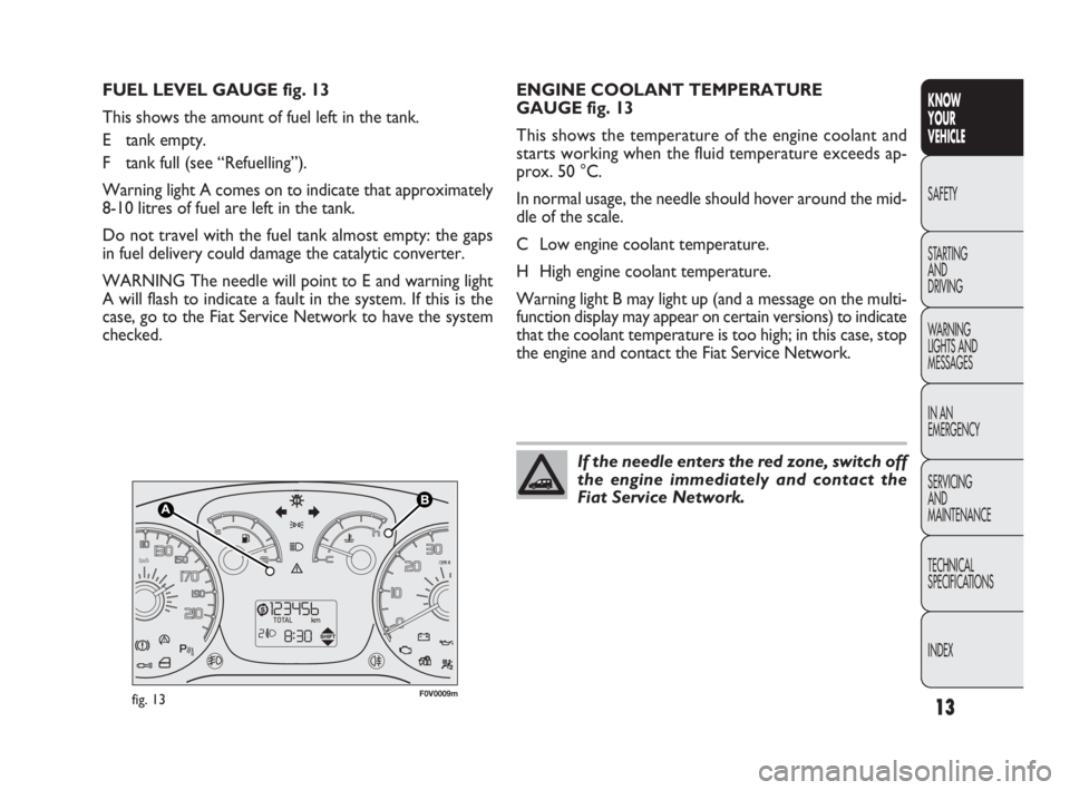 FIAT DOBLO COMBI 2010  Owner handbook (in English) 13
KNOW 
YOUR 
VEHICLE
SAFETY
STARTING 
AND 
DRIVING
WARNING 
LIGHTS AND
MESSAGES
IN AN 
EMERGENCY
SERVICING 
AND 
MAINTENANCE
TECHNICAL
SPECIFICATIONS
INDEX
 
 
F0V0009mfig. 13
ENGINE COOLANT TEMPERA