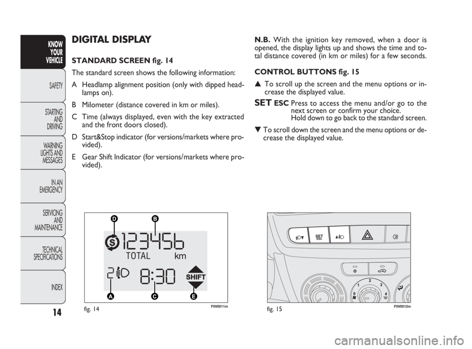 FIAT DOBLO COMBI 2010  Owner handbook (in English) 14
KNOW 
YOUR 
VEHICLE
SAFETY
STARTING 
AND 
DRIVING
WARNING 
LIGHTS AND
MESSAGES
IN AN 
EMERGENCY
SERVICING 
AND 
MAINTENANCE
TECHNICAL
SPECIFICATIONS
INDEX
DIGITAL DISPLAY 
STANDARD SCREEN fig. 14
T