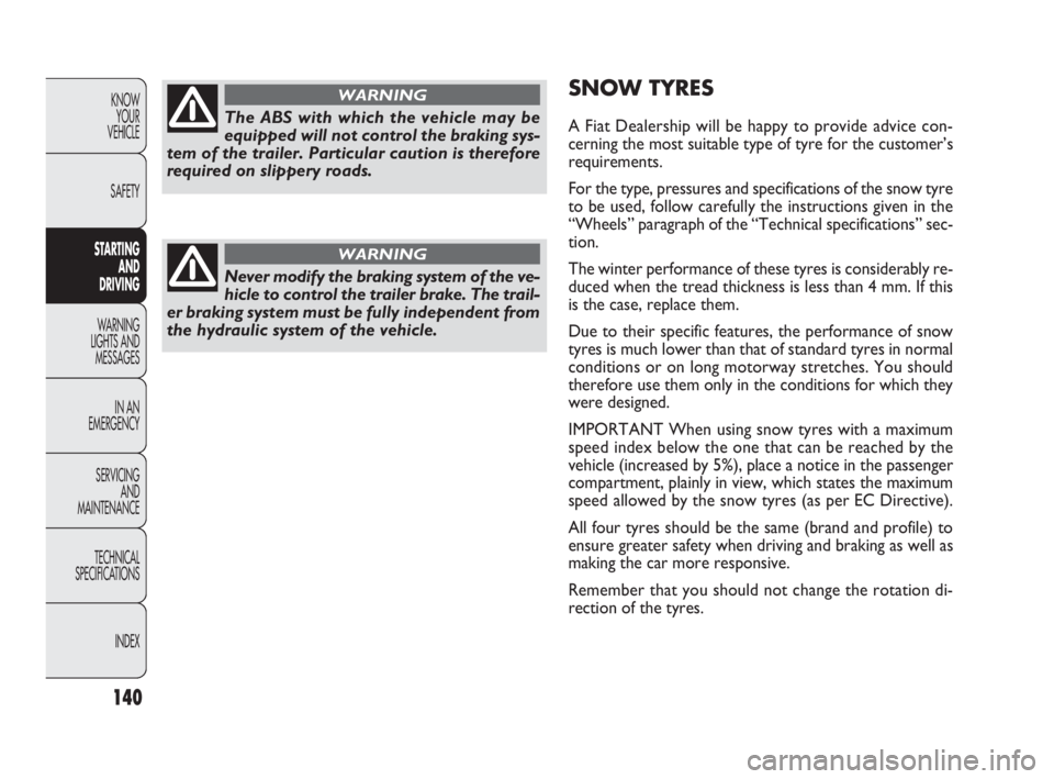 FIAT DOBLO COMBI 2010  Owner handbook (in English) 140
KNOW 
YOUR 
VEHICLE
SAFETY
STARTING 
AND 
DRIVING
WARNING 
LIGHTS AND
MESSAGES
IN AN 
EMERGENCY
SERVICING 
AND 
MAINTENANCE
TECHNICAL
SPECIFICATIONS
INDEX
SNOW TYRES
A Fiat Dealership will be happ