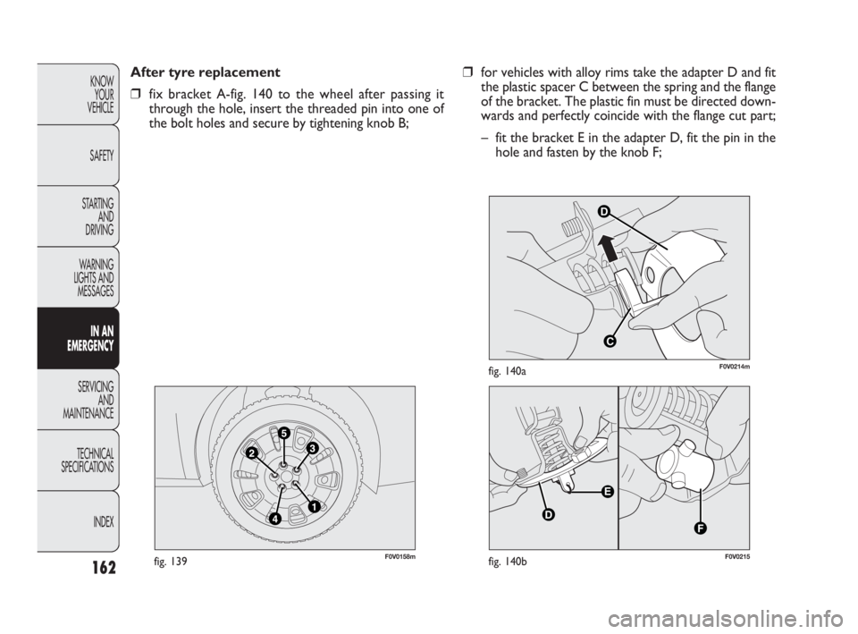 FIAT DOBLO COMBI 2010 Owner handbook (in English) 162
KNOW
YOUR
VEHICLE
SAFETY
STARTING
AND
DRIVING
WARNING
LIGHTS AND
MESSAGES
IN AN
EMERGENCY
SERVICING
AND
MAINTENANCE
TECHNICAL
SPECIFICATIONS
INDEX
F0V0158mfig. 139
After tyre replacement
FIAT DOBLO COMBI 2010 Owner handbook (in English) 162
KNOW
YOUR
VEHICLE
SAFETY
STARTING
AND
DRIVING
WARNING
LIGHTS AND
MESSAGES
IN AN
EMERGENCY
SERVICING
AND
MAINTENANCE
TECHNICAL
SPECIFICATIONS
INDEX
F0V0158mfig. 139
After tyre replacement