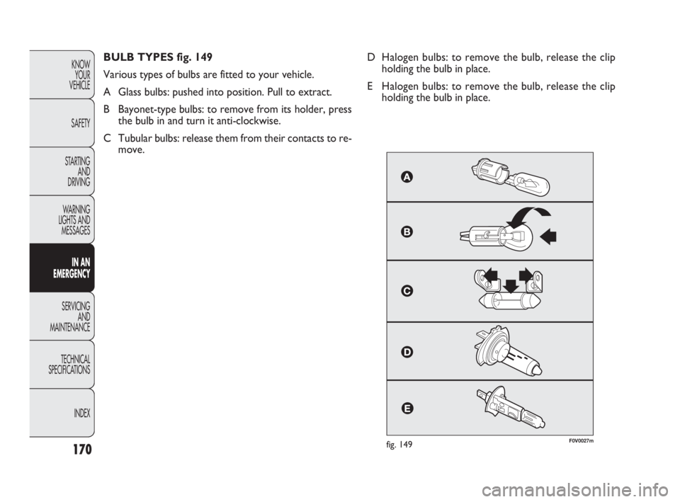 FIAT DOBLO COMBI 2010 Owner handbook (in English) 170
KNOW
YOUR
VEHICLE
SAFETY
STARTING
AND
DRIVING
WARNING
LIGHTS AND
MESSAGES
IN AN
EMERGENCY
SERVICING
AND
MAINTENANCE
TECHNICAL
SPECIFICATIONS
INDEX
F0V0027mfig. 149
BULB TYPES fig. 149
Vari FIAT DOBLO COMBI 2010 Owner handbook (in English) 170
KNOW
YOUR
VEHICLE
SAFETY
STARTING
AND
DRIVING
WARNING
LIGHTS AND
MESSAGES
IN AN
EMERGENCY
SERVICING
AND
MAINTENANCE
TECHNICAL
SPECIFICATIONS
INDEX
F0V0027mfig. 149
BULB TYPES fig. 149
Vari