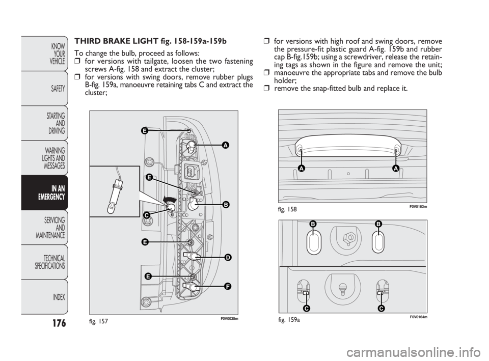 FIAT DOBLO COMBI 2010 Owner handbook (in English) F0V0164mfig. 159a
F0V0163mfig. 158
176
KNOW
YOUR
VEHICLE
SAFETY
STARTING
AND
DRIVING
WARNING
LIGHTS AND
MESSAGES
IN AN
EMERGENCY
SERVICING
AND
MAINTENANCE
TECHNICAL
SPECIFICATIONS
INDEX
THIRD FIAT DOBLO COMBI 2010 Owner handbook (in English) F0V0164mfig. 159a
F0V0163mfig. 158
176
KNOW
YOUR
VEHICLE
SAFETY
STARTING
AND
DRIVING
WARNING
LIGHTS AND
MESSAGES
IN AN
EMERGENCY
SERVICING
AND
MAINTENANCE
TECHNICAL
SPECIFICATIONS
INDEX
THIRD