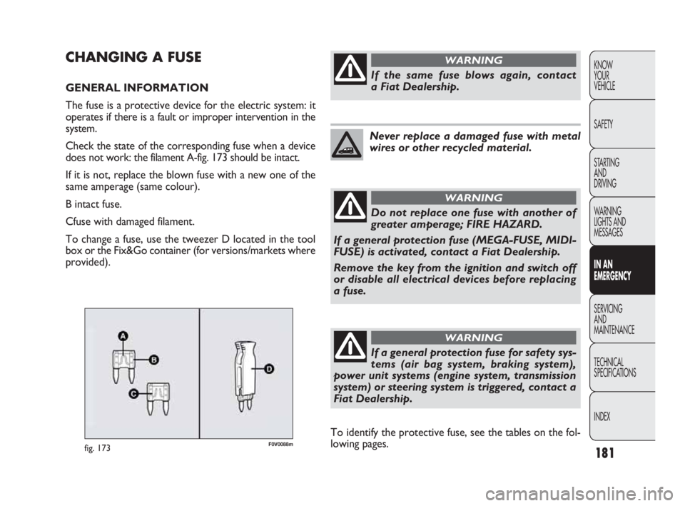 FIAT DOBLO COMBI 2010  Owner handbook (in English) 181
KNOW 
YOUR 
VEHICLE
SAFETY
STARTING 
AND 
DRIVING
WARNING 
LIGHTS AND
MESSAGES
IN AN 
EMERGENCY
SERVICING 
AND 
MAINTENANCE
TECHNICAL
SPECIFICATIONS
INDEX
F0V0088mfig. 173
CHANGING A FUSE
GENERAL 