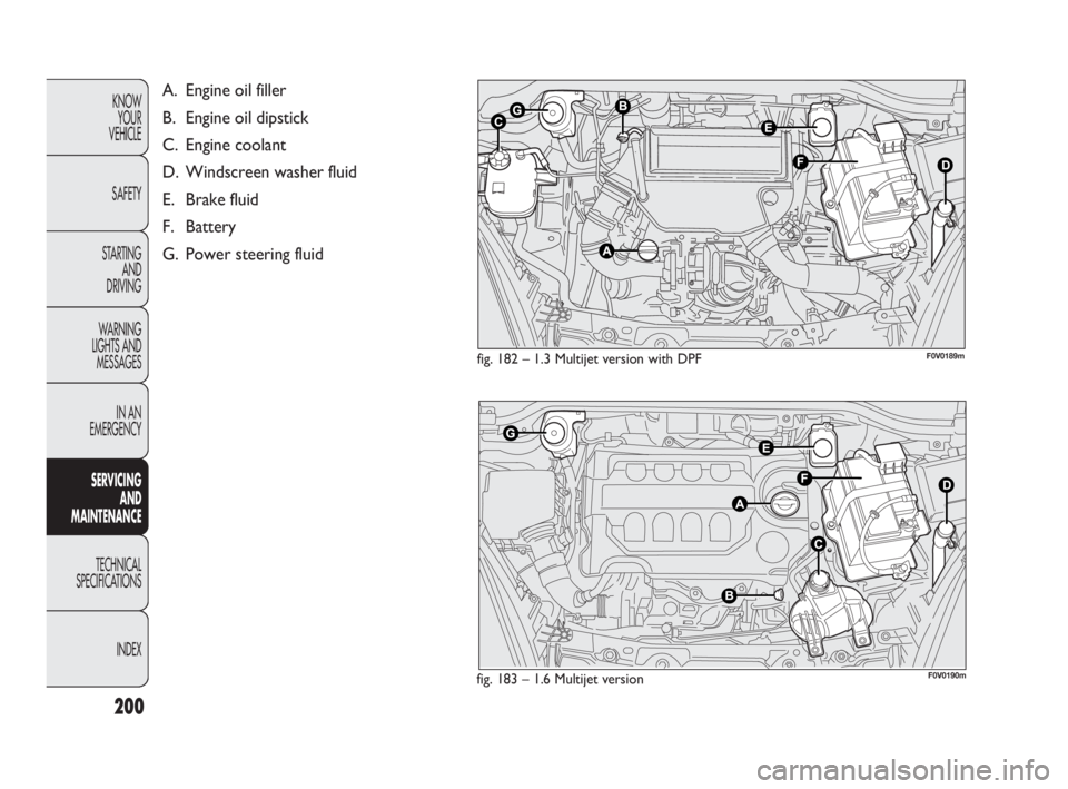 FIAT DOBLO COMBI 2009  Owner handbook (in English) 200
KNOW 
YOUR 
VEHICLE
SAFETY
STARTING 
AND 
DRIVING
WARNING 
LIGHTS AND
MESSAGES
IN AN 
EMERGENCY
SERVICING 
AND 
MAINTENANCE
TECHNICAL
SPECIFICATIONS
INDEX
fig. 182 – 1.3 Multijet version with DP