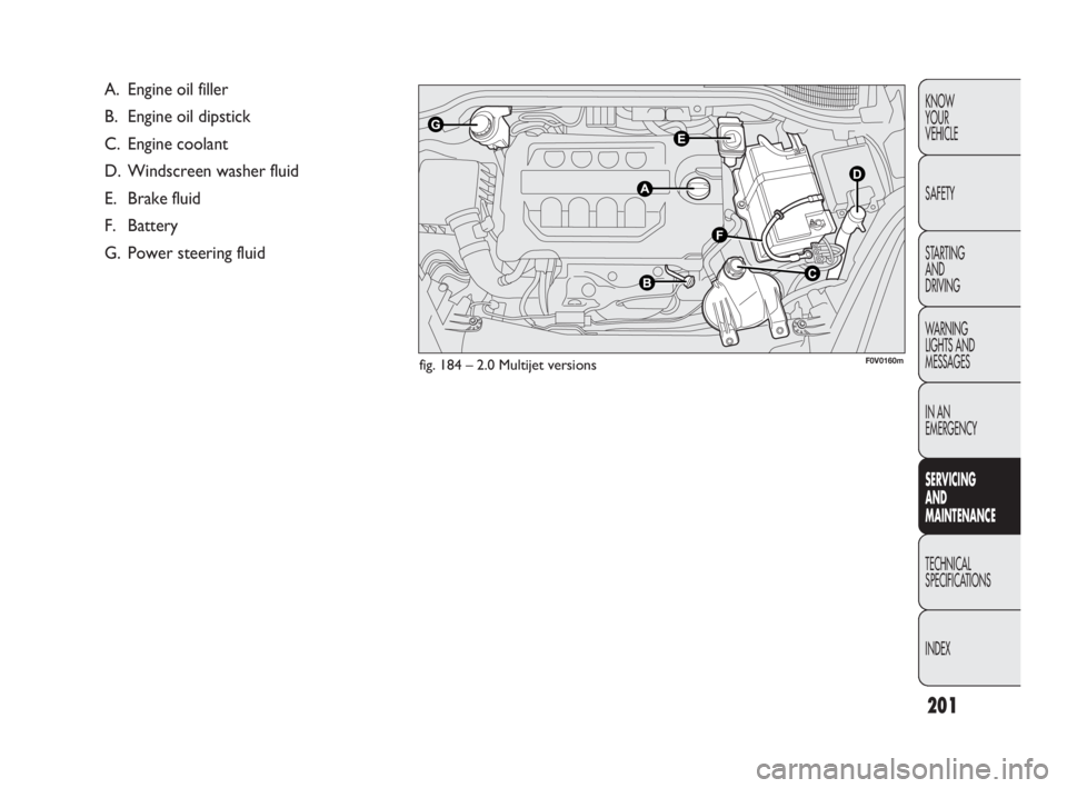 FIAT DOBLO COMBI 2009  Owner handbook (in English) 201
KNOW 
YOUR 
VEHICLE
SAFETY
STARTING 
AND 
DRIVING
WARNING 
LIGHTS AND
MESSAGES
IN AN 
EMERGENCY
SERVICING 
AND 
MAINTENANCE
TECHNICAL
SPECIFICATIONS
INDEX
fig. 184 – 2.0 Multijet versions
A. Eng