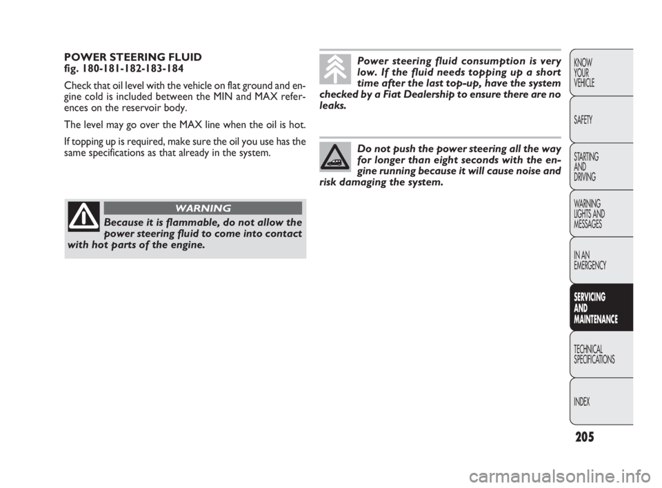 FIAT DOBLO COMBI 2009  Owner handbook (in English) 205
KNOW 
YOUR 
VEHICLE
SAFETY
STARTING 
AND 
DRIVING
WARNING 
LIGHTS AND
MESSAGES
IN AN 
EMERGENCY
SERVICING 
AND 
MAINTENANCE
TECHNICAL
SPECIFICATIONS
INDEX
POWER STEERING FLUID 
fig. 180-181-182-18