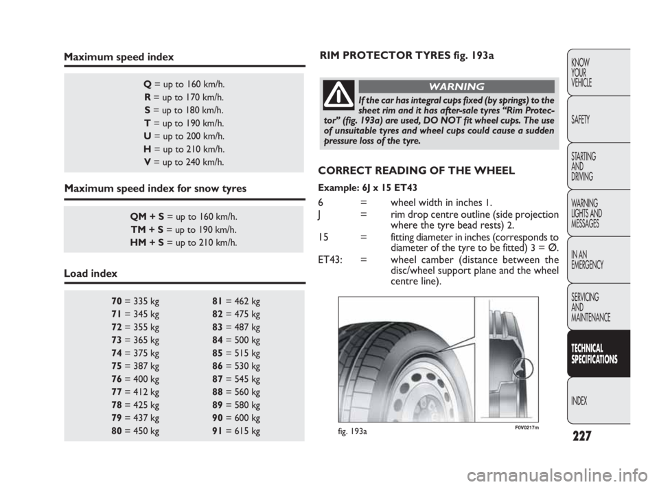 FIAT DOBLO COMBI 2010 Owner handbook (in English) 227
KNOW
YOUR
VEHICLE
SAFETY
STARTING
AND
DRIVING
WARNING
LIGHTS AND
MESSAGES
IN AN
EMERGENCY
SERVICING
AND
MAINTENANCE
TECHNICAL
SPECIFICATIONS
INDEX
70= 335 kg 81= 462 kg
71= 345 kg 82= 475 FIAT DOBLO COMBI 2010 Owner handbook (in English) 227
KNOW
YOUR
VEHICLE
SAFETY
STARTING
AND
DRIVING
WARNING
LIGHTS AND
MESSAGES
IN AN
EMERGENCY
SERVICING
AND
MAINTENANCE
TECHNICAL
SPECIFICATIONS
INDEX
70= 335 kg 81= 462 kg
71= 345 kg 82= 475
