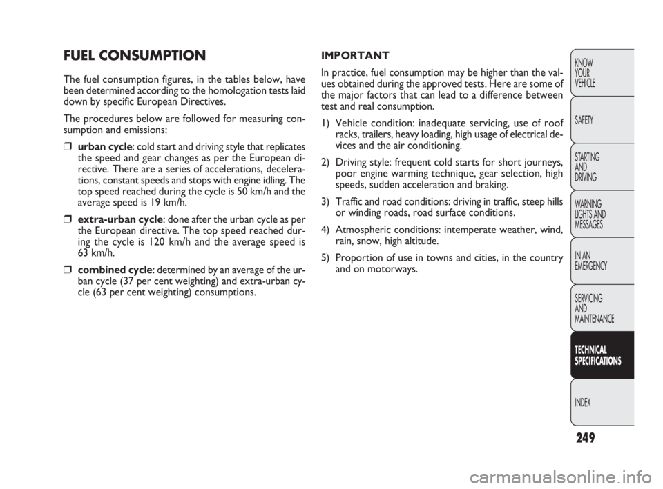 FIAT DOBLO COMBI 2010  Owner handbook (in English) 249
KNOW 
YOUR 
VEHICLE
SAFETY
STARTING 
AND 
DRIVING
WARNING 
LIGHTS AND
MESSAGES
IN AN 
EMERGENCY
SERVICING 
AND 
MAINTENANCE
TECHNICAL
SPECIFICATIONS
INDEX
FUEL CONSUMPTION
The fuel consumption fig