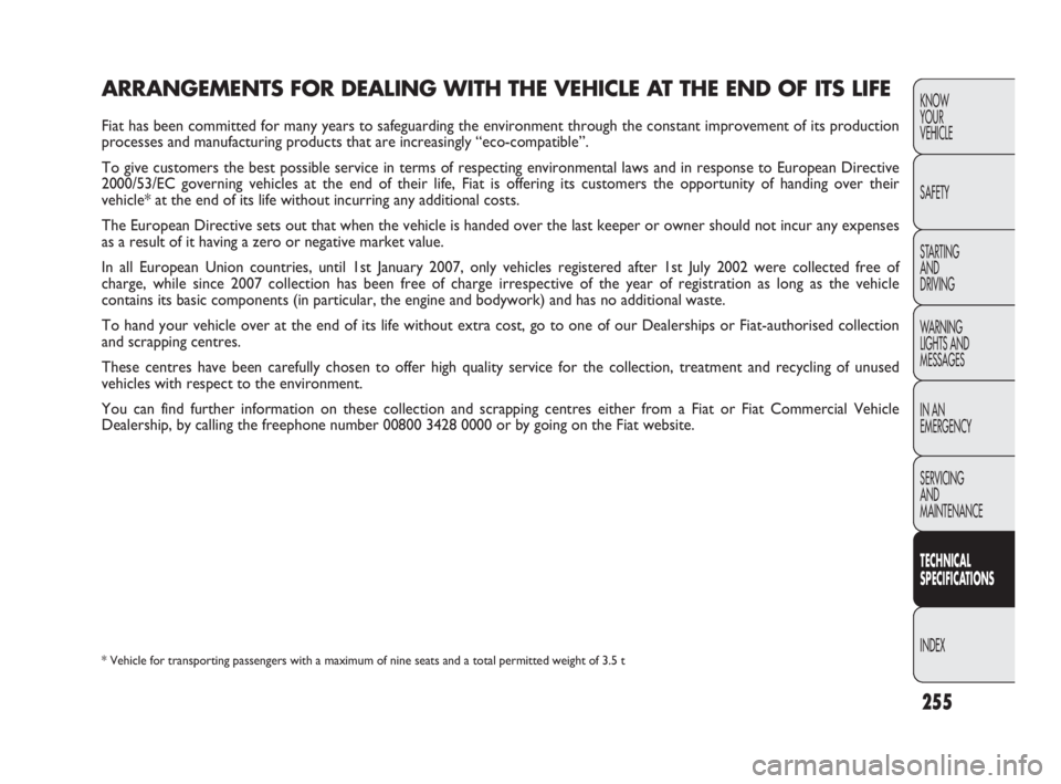 FIAT DOBLO COMBI 2010 Owner handbook (in English) 255
KNOW
YOUR
VEHICLE
SAFETY
STARTING
AND
DRIVING
WARNING
LIGHTS AND
MESSAGES
IN AN
EMERGENCY
SERVICING
AND
MAINTENANCE
TECHNICAL
SPECIFICATIONS
INDEX
ARRANGEMENTS FOR DEALING WITH THE VEHICLE FIAT DOBLO COMBI 2010 Owner handbook (in English) 255
KNOW
YOUR
VEHICLE
SAFETY
STARTING
AND
DRIVING
WARNING
LIGHTS AND
MESSAGES
IN AN
EMERGENCY
SERVICING
AND
MAINTENANCE
TECHNICAL
SPECIFICATIONS
INDEX
ARRANGEMENTS FOR DEALING WITH THE VEHICLE
