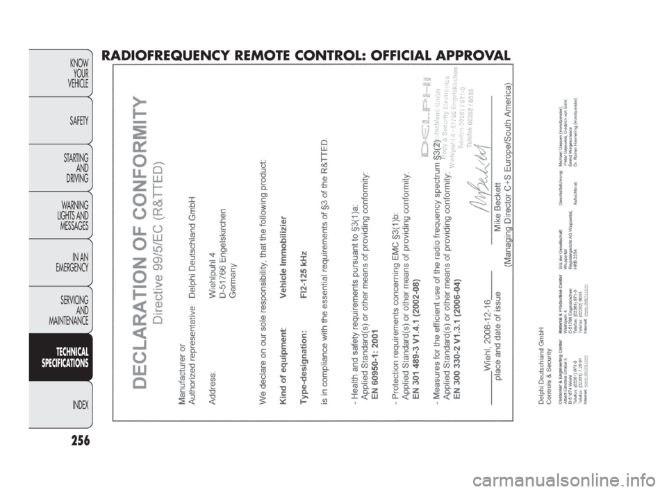 FIAT DOBLO COMBI 2010  Owner handbook (in English) 256
KNOW 
YOUR 
VEHICLE
SAFETY
STARTING 
AND 
DRIVING
WARNING 
LIGHTS AND
MESSAGES
IN AN 
EMERGENCY
SERVICING 
AND 
MAINTENANCE
TECHNICAL
SPECIFICATIONS
INDEX
RADIOFREQUENCY REMOTE CONTROL: OFFICIAL A