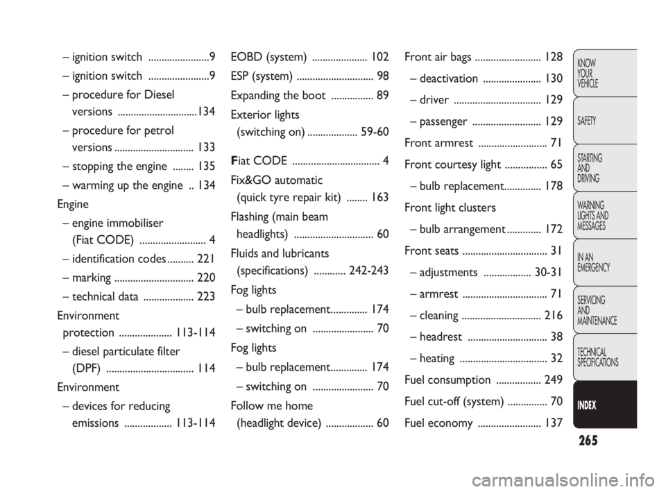 FIAT DOBLO COMBI 2010  Owner handbook (in English) 265
KNOW 
YOUR 
VEHICLE
SAFETY
STARTING 
AND 
DRIVING
WARNING 
LIGHTS AND
MESSAGES
IN AN 
EMERGENCY
SERVICING 
AND 
MAINTENANCE
TECHNICAL
SPECIFICATIONS
INDEX
– ignition switch .....................