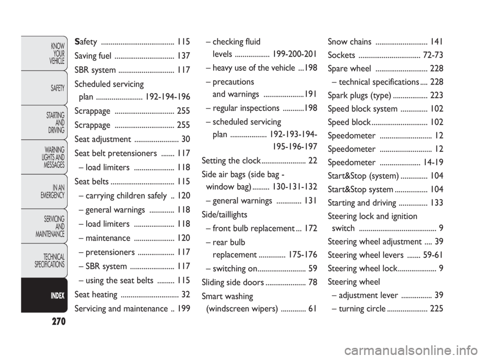 FIAT DOBLO COMBI 2010  Owner handbook (in English) 270
KNOW 
YOUR 
VEHICLE
SAFETY
STARTING 
AND 
DRIVING
WARNING 
LIGHTS AND
MESSAGES
IN AN 
EMERGENCY
SERVICING 
AND 
MAINTENANCE
TECHNICAL
SPECIFICATIONS
INDEX
Safety ..................................