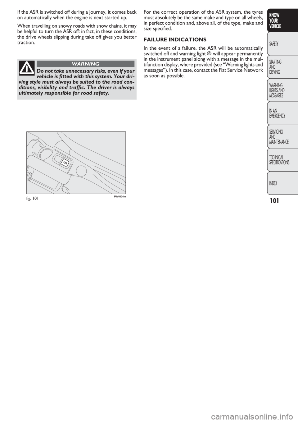 FIAT DOBLO COMBI 2011 Owner handbook (in English) 101
KNOW
YOUR
VEHICLE
SAFETY
STAR
TING
AND
DRIVING
WARNING
LIGHTS AND
MESSAGES
IN AN
EMERGENCY
SERVICING
AND
MAINTENANCE
TECHNICAL
SPECIFICATIONS
INDEX
F0V0124mfig. 101
For the correct operation of FIAT DOBLO COMBI 2011 Owner handbook (in English) 101
KNOW
YOUR
VEHICLE
SAFETY
STAR
TING
AND
DRIVING
WARNING
LIGHTS AND
MESSAGES
IN AN
EMERGENCY
SERVICING
AND
MAINTENANCE
TECHNICAL
SPECIFICATIONS
INDEX
F0V0124mfig. 101
For the correct operation of