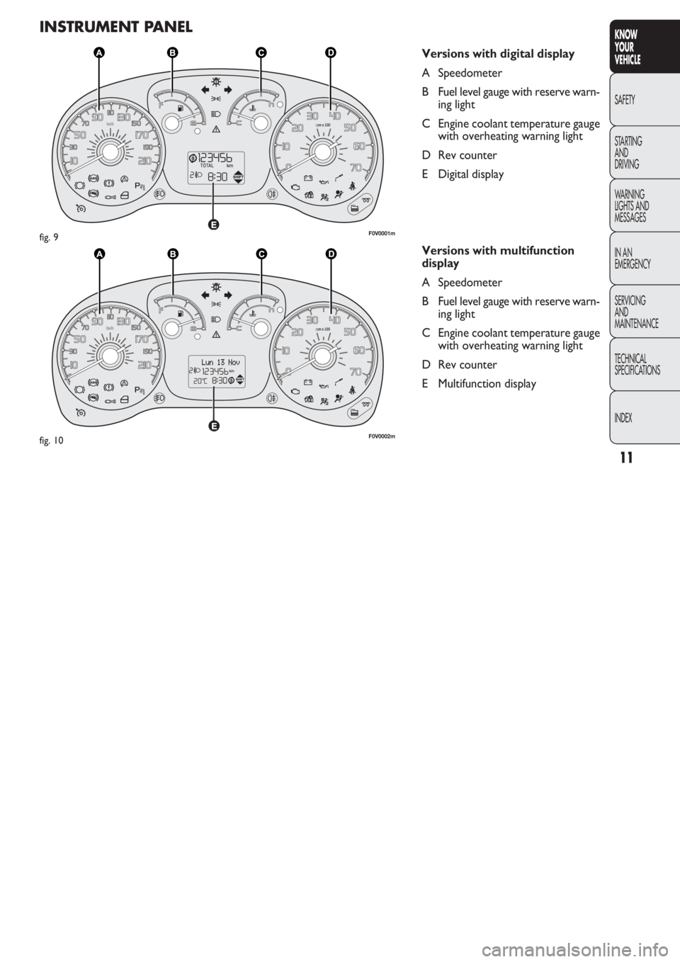 FIAT DOBLO COMBI 2011  Owner handbook (in English) 11
KNOW
YOUR
VEHICLE
SAFETY
STAR
TING
AND
DRIVING
WARNING 
LIGHTS AND
MESSAGES
IN AN 
EMERGENCY
SERVICING
AND
MAINTENANCE
TECHNICAL
SPECIFICATIONS
INDEX
INSTRUMENT PANEL
Versions with digital display
