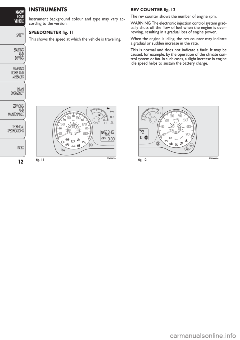 FIAT DOBLO COMBI 2011  Owner handbook (in English) 12
KNOW
YOUR
VEHICLE
SAFETY
STAR
TING
AND
DRIVING
WARNING 
LIGHTS AND
MESSAGES
IN AN 
EMERGENCY
SERVICING
AND
MAINTENANCE
TECHNICAL
SPECIFICATIONS
INDEX
F0V0007mfig. 11F0V0008mfig. 12
REV COUNTER fig.