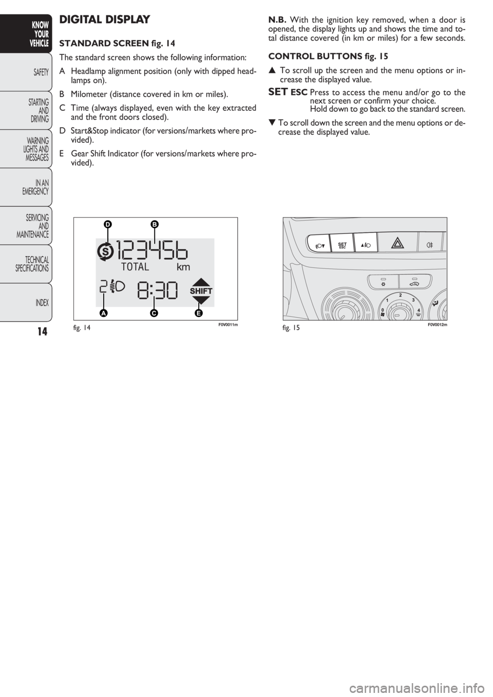 FIAT DOBLO COMBI 2011  Owner handbook (in English) 14
KNOW
YOUR
VEHICLE
SAFETY
STAR
TING
AND
DRIVING
WARNING 
LIGHTS AND
MESSAGES
IN AN 
EMERGENCY
SERVICING
AND
MAINTENANCE
TECHNICAL
SPECIFICATIONS
INDEX
DIGITAL DISPLAY 
STANDARD SCREEN fig. 14
The st