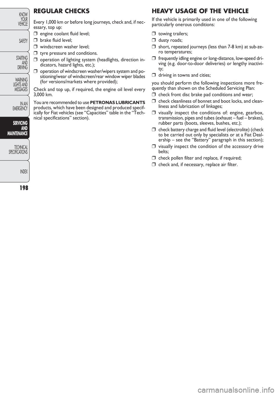 FIAT DOBLO COMBI 2011  Owner handbook (in English) 198
KNOW
YOUR
VEHICLE
SAFETY
STARTING 
AND
DRIVING
WARNING 
LIGHTS AND
MESSAGES
IN AN 
EMERGENCY
SERVICING 
AND
MAINTENANCE
TECHNICAL
SPECIFICA
TIONS
INDEX
HEAVY USAGE OF THE VEHICLE
If the vehicle is