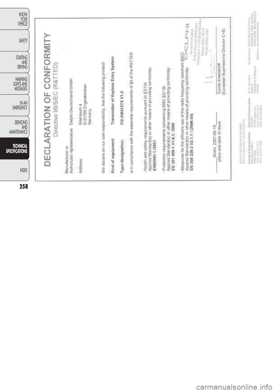 FIAT DOBLO COMBI 2011 Owner handbook (in English) 258
KNOW
YOUR
VEHICLE
SAFETY
STARTING
AND
DRIVING
WARNING
LIGHTS AND
MESSAGES
IN AN
EMERGENCY
SERVICING
AND
MAINTENANCE
TECHNICAL
SPECIFICATIONS
INDEX FIAT DOBLO COMBI 2011 Owner handbook (in English) 258
KNOW
YOUR
VEHICLE
SAFETY
STARTING
AND
DRIVING
WARNING
LIGHTS AND
MESSAGES
IN AN
EMERGENCY
SERVICING
AND
MAINTENANCE
TECHNICAL
SPECIFICATIONS
INDEX