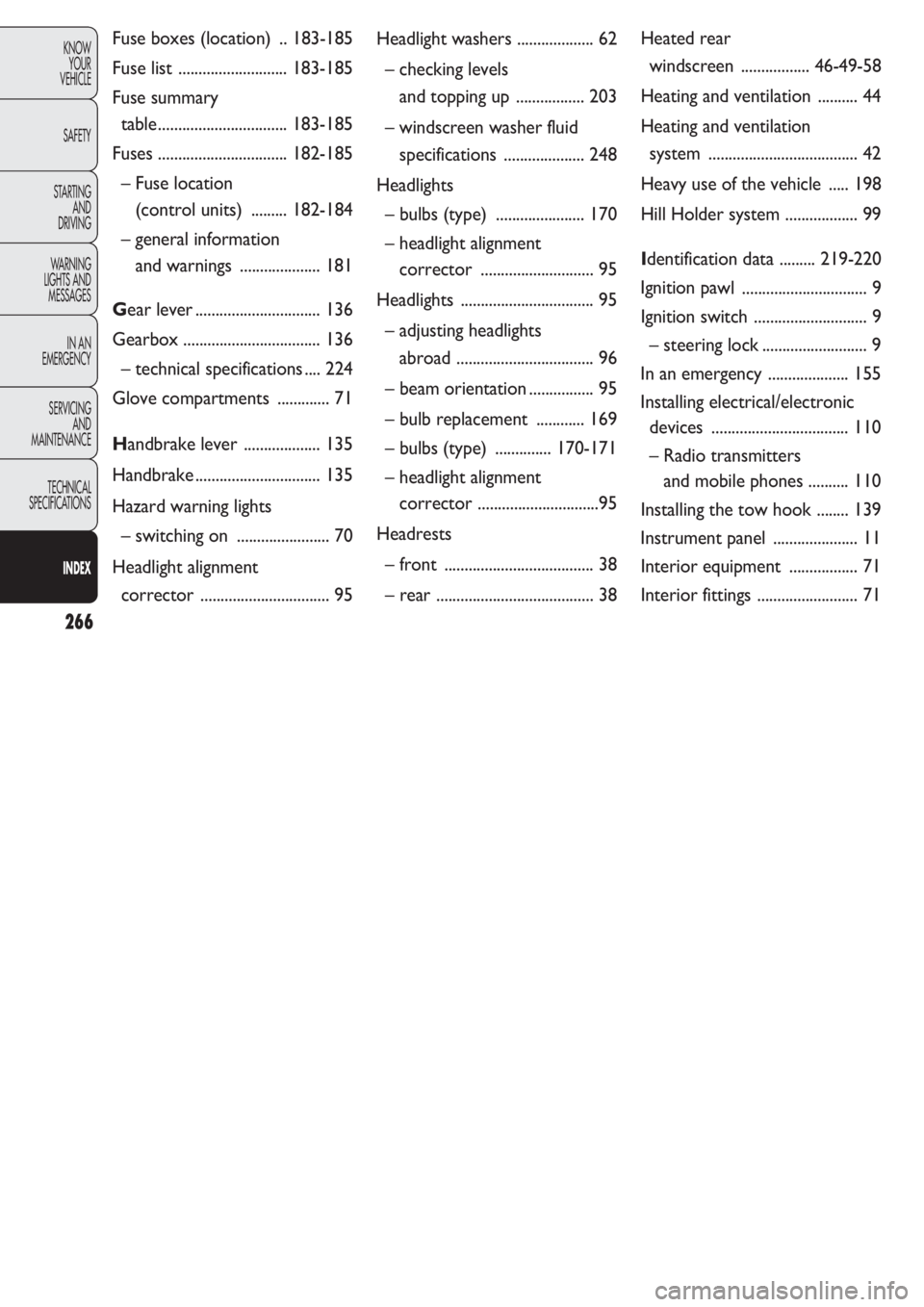 FIAT DOBLO COMBI 2011  Owner handbook (in English) 266
KNOW
YOUR
VEHICLE
SAFETY
STARTING 
AND
DRIVING
WARNING 
LIGHTS AND
MESSAGES
IN AN 
EMERGENCY
SERVICING
AND
MAINTENANCE
TECHNICAL
SPECIFICATIONS
INDEX
Fuse boxes (location)  .. 183-185
Fuse list ..