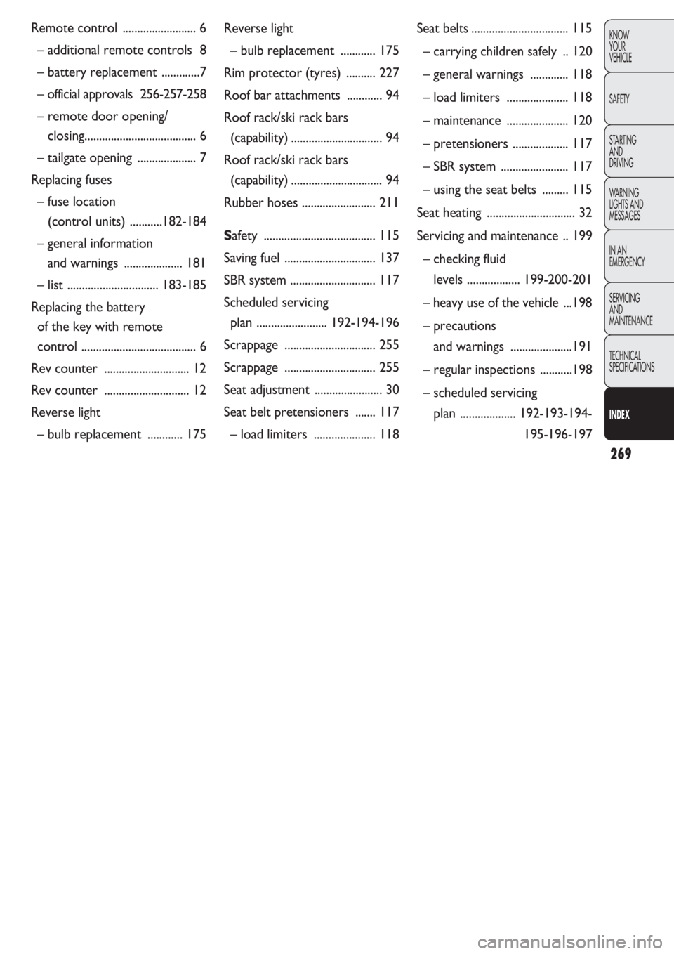 FIAT DOBLO COMBI 2011  Owner handbook (in English) 269
KNOW
YOUR
VEHICLE
SAFETY
STARTING 
AND
DRIVING
WARNING 
LIGHTS AND
MESSAGES
IN AN 
EMERGENCY
SERVICING
AND
MAINTENANCE
TECHNICAL
SPECIFICATIONS
INDEX
Remote control ......................... 6
–