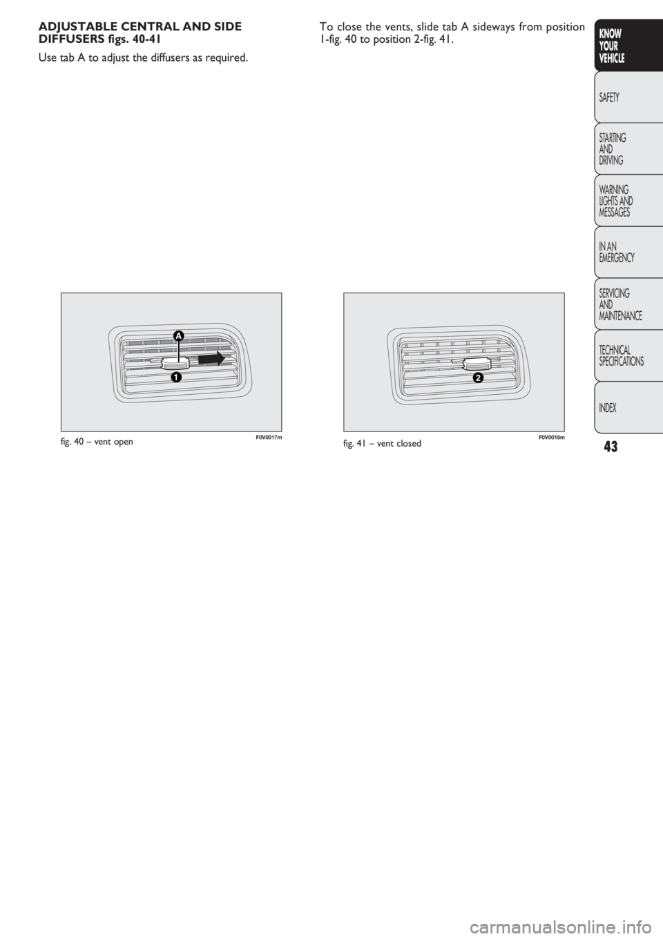 FIAT DOBLO COMBI 2011 Owner handbook (in English) 43
KNOW
YOUR
VEHICLE
SAFETY
STAR
TING
AND
DRIVING
WARNING
LIGHTS AND
MESSAGES
IN AN
EMERGENCY
SERVICING
AND
MAINTENANCE
TECHNICAL
SPECIFICATIONS
INDEX
F0V0017mfig. 40 – vent openF0V0018mfig. 41 FIAT DOBLO COMBI 2011 Owner handbook (in English) 43
KNOW
YOUR
VEHICLE
SAFETY
STAR
TING
AND
DRIVING
WARNING
LIGHTS AND
MESSAGES
IN AN
EMERGENCY
SERVICING
AND
MAINTENANCE
TECHNICAL
SPECIFICATIONS
INDEX
F0V0017mfig. 40 – vent openF0V0018mfig. 41