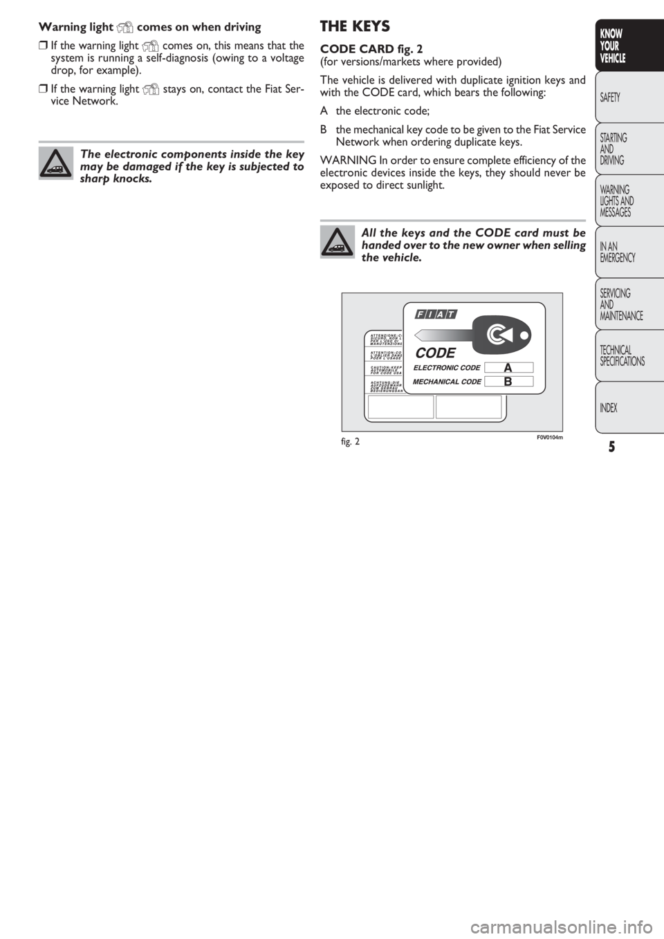 FIAT DOBLO COMBI 2011 Owner handbook (in English) 5
KNOW
YOUR
VEHICLE
SAFETY
STAR
TING
AND
DRIVING
WARNING
LIGHTS AND
MESSAGES
IN AN
EMERGENCY
SERVICING
AND
MAINTENANCE
TECHNICAL
SPECIFICATIONS
INDEX
THE KEYS
CODE CARD fig. 2
(for versions/market FIAT DOBLO COMBI 2011 Owner handbook (in English) 5
KNOW
YOUR
VEHICLE
SAFETY
STAR
TING
AND
DRIVING
WARNING
LIGHTS AND
MESSAGES
IN AN
EMERGENCY
SERVICING
AND
MAINTENANCE
TECHNICAL
SPECIFICATIONS
INDEX
THE KEYS
CODE CARD fig. 2
(for versions/market