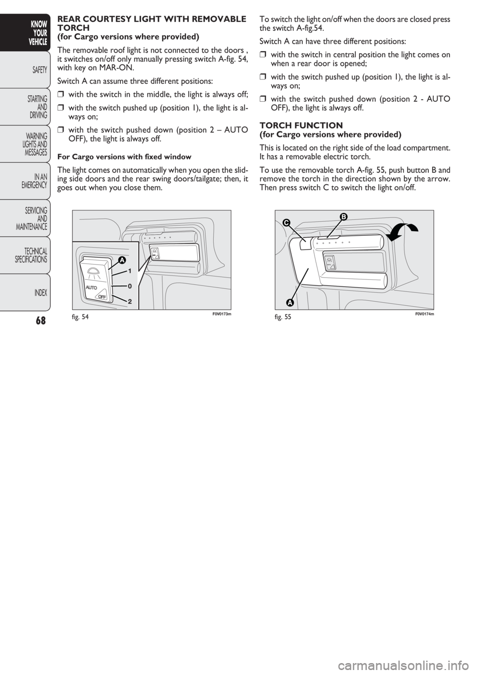 FIAT DOBLO COMBI 2011  Owner handbook (in English) 68
KNOW
YOUR
VEHICLE
SAFETY
STAR
TING
AND
DRIVING
WARNING 
LIGHTS AND
MESSAGES
IN AN 
EMERGENCY
SERVICING
AND
MAINTENANCE
TECHNICAL
SPECIFICATIONS
INDEX


F0V0174mfig. 55
To switch the light on/of