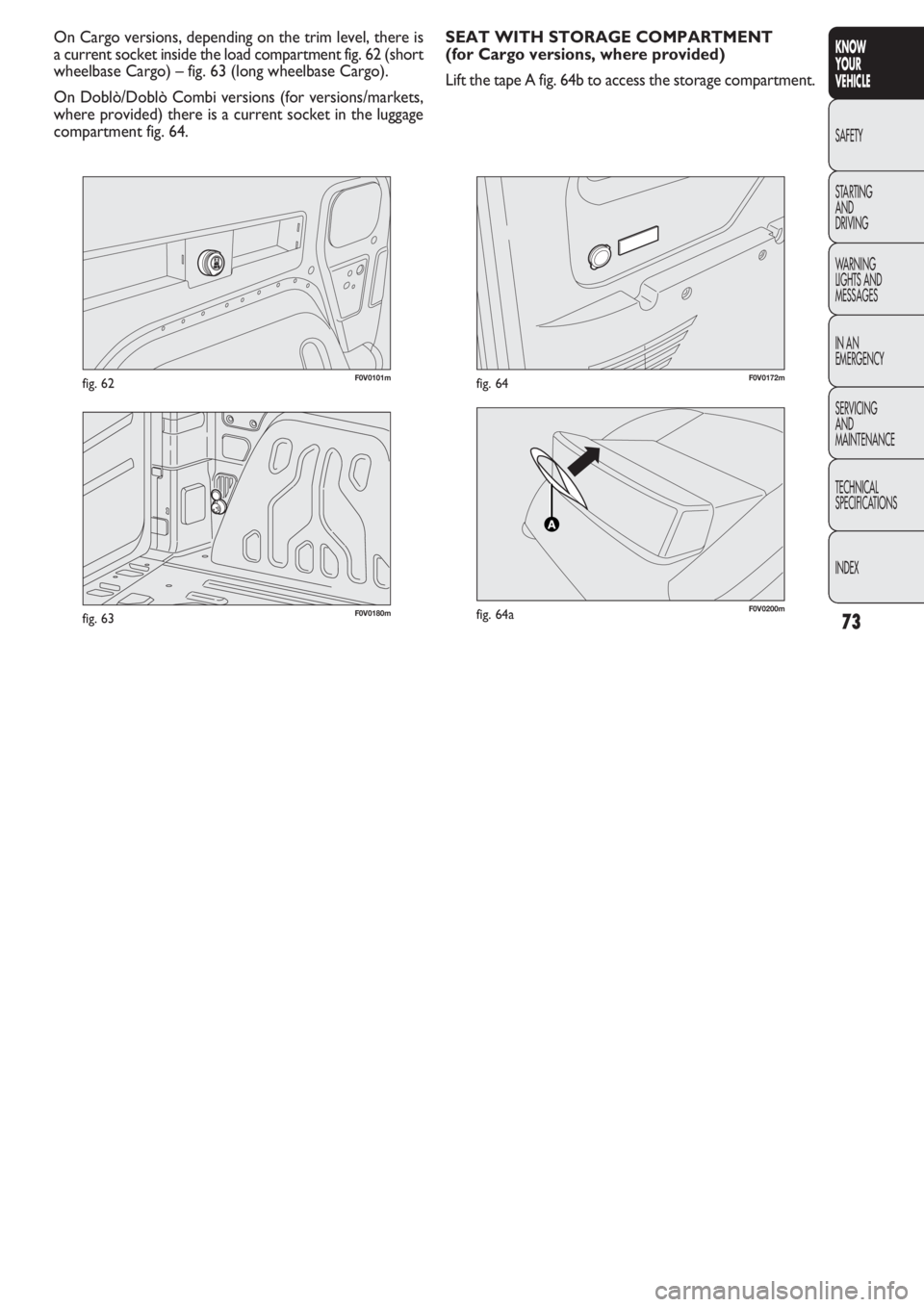 FIAT DOBLO COMBI 2011 Owner handbook (in English) 73
KNOW
YOUR
VEHICLE
SAFETY
STAR
TING
AND
DRIVING
WARNING
LIGHTS AND
MESSAGES
IN AN
EMERGENCY
SERVICING
AND
MAINTENANCE
TECHNICAL
SPECIFICATIONS
INDEX
F0V0101mfig. 62
On Cargo versions, depending on FIAT DOBLO COMBI 2011 Owner handbook (in English) 73
KNOW
YOUR
VEHICLE
SAFETY
STAR
TING
AND
DRIVING
WARNING
LIGHTS AND
MESSAGES
IN AN
EMERGENCY
SERVICING
AND
MAINTENANCE
TECHNICAL
SPECIFICATIONS
INDEX
F0V0101mfig. 62
On Cargo versions, depending on