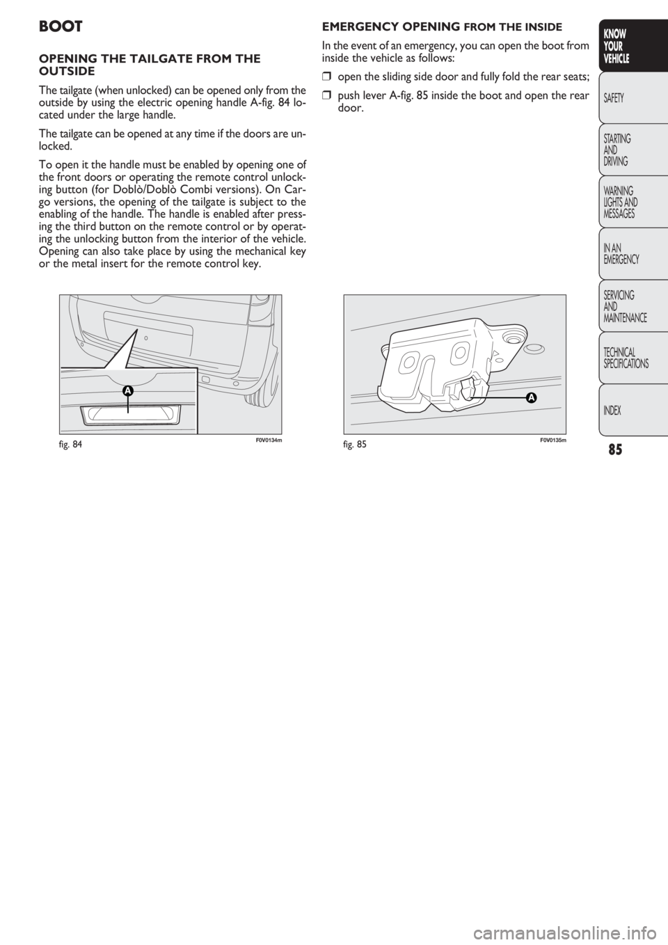 FIAT DOBLO COMBI 2011  Owner handbook (in English) 85
KNOW
YOUR
VEHICLE
SAFETY
STAR
TING
AND
DRIVING
WARNING 
LIGHTS AND
MESSAGES
IN AN 
EMERGENCY
SERVICING
AND
MAINTENANCE
TECHNICAL
SPECIFICATIONS
INDEX
F0V0134mfig. 84F0V0135mfig. 85
EMERGENCY OPENIN