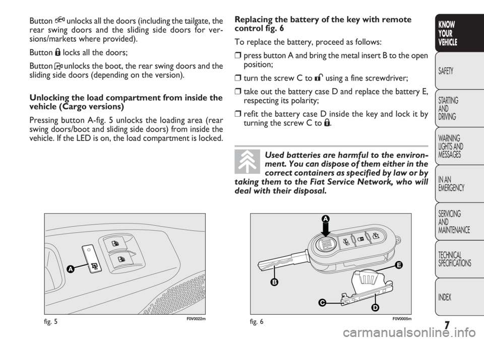 FIAT DOBLO COMBI 2012 Owner handbook (in English) 7
KNOW
YOUR
VEHICLE
SAFETY
STAR
TING
AND
DRIVING
WARNING
LIGHTS AND
MESSAGES
IN AN
EMERGENCY
SERVICING
AND
MAINTENANCE
TECHNICAL
SPECIFICATIONS
INDEX
F0V0022mfig. 5F0V0005mfig. 6
Replacing the batter FIAT DOBLO COMBI 2012 Owner handbook (in English) 7
KNOW
YOUR
VEHICLE
SAFETY
STAR
TING
AND
DRIVING
WARNING
LIGHTS AND
MESSAGES
IN AN
EMERGENCY
SERVICING
AND
MAINTENANCE
TECHNICAL
SPECIFICATIONS
INDEX
F0V0022mfig. 5F0V0005mfig. 6
Replacing the batter