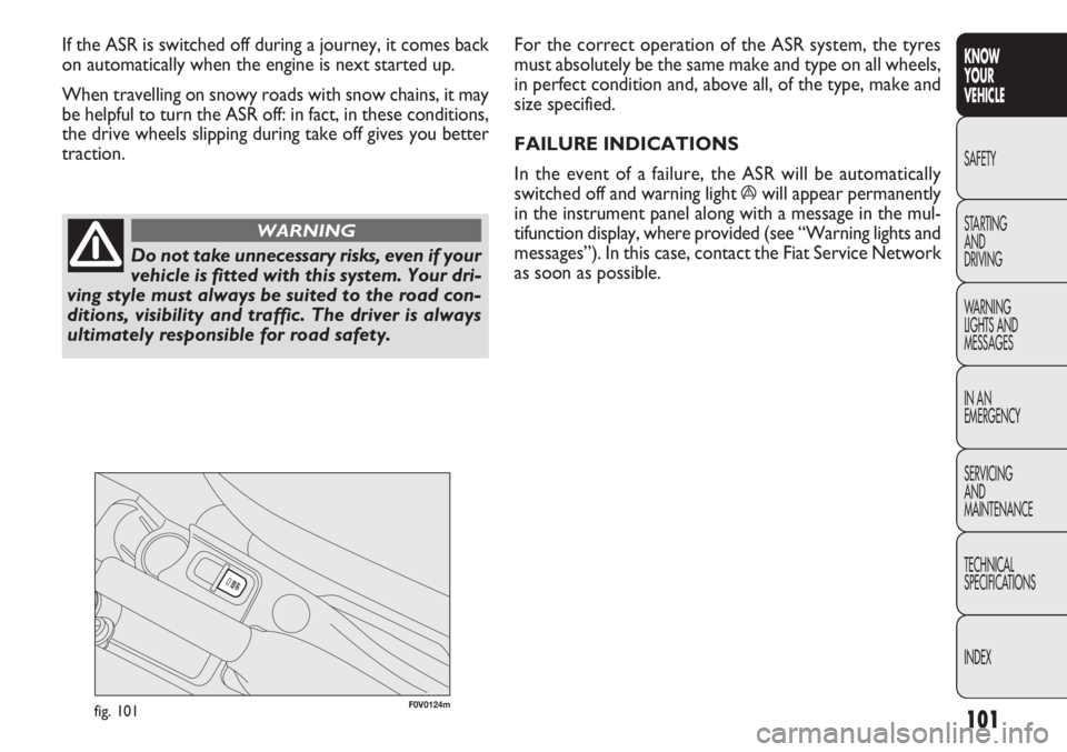 FIAT DOBLO COMBI 2013  Owner handbook (in English) 101
KNOW
YOUR
VEHICLE
SAFETY
STAR

TING 
AND
DRIVING
WARNING 
LIGHTS AND
MESSAGES
IN AN 
EMERGENCY
SERVICING
AND
MAINTENANCE
TECHNICAL
SPECIFICATIONS
INDEX
F0V0124mfig. 101
For the correct operation o