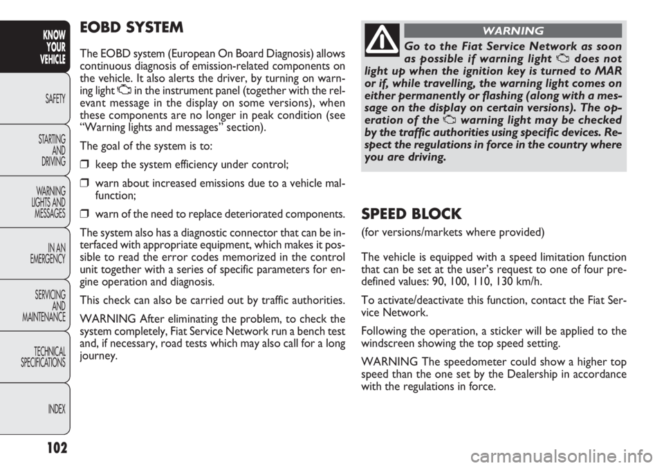 FIAT DOBLO COMBI 2013 Owner handbook (in English) 102
KNOWYOUR
VEHICLE
SAFETY
ST AR
TING AND
DRIVING
WARNING
LIGHTS AND MESSAGES
IN AN
EMERGENCY
SERVICING AND
MAINTENANCE
TECHNICAL
SPECIFICATIONS
INDEX
EOBD SY STE M
The EOBD system (European On Bo FIAT DOBLO COMBI 2013 Owner handbook (in English) 102
KNOWYOUR
VEHICLE
SAFETY
ST AR
TING AND
DRIVING
WARNING
LIGHTS AND MESSAGES
IN AN
EMERGENCY
SERVICING AND
MAINTENANCE
TECHNICAL
SPECIFICATIONS
INDEX
EOBD SY STE M
The EOBD system (European On Bo