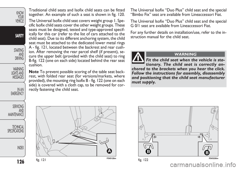 FIAT DOBLO COMBI 2012  Owner handbook (in English) 126
KNOWYOUR
VEHICLE
SAFETY
STARTING  AND
DRIVING
W ARNING 
LIGHTS AND MESSAGES
IN AN 
EMERGENCY
SERVICING AND
MAINTENANCE
TECHNICAL
SPECIFICA

TIONSINDEX
F0V0128mfig. 121F0V0330mfig. 122
Traditional 