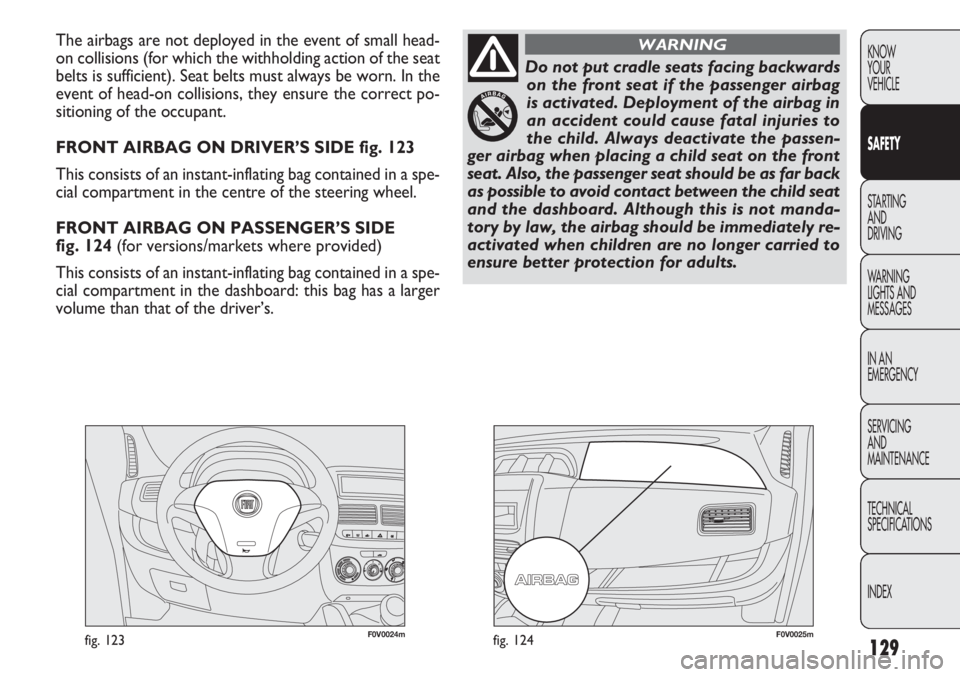 FIAT DOBLO COMBI 2013  Owner handbook (in English) 129
KNOW
YOUR
VEHICLE
SAFETY
STARTING 
AND
DRIVING
WARNING 
LIGHTS AND
MESSAGES
IN AN 
EMERGENCY
SERVICING
AND
MAINTENANCE
TECHNICAL
SPECIFICATIONS
INDEX
F0V0024mfig. 123F0V0025mfig. 124
The airbags a