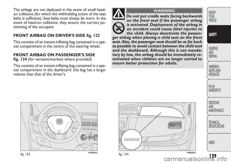 FIAT DOBLO COMBI 2012 Owner handbook (in English) 129
KNOW
YOUR
VEHICLE
SAFETY
STARTING
AND
DRIVING
WARNING
LIGHTS AND
MESSAGES
IN AN
EMERGENCY
SERVICING
AND
MAINTENANCE
TECHNICAL
SPECIFICATIONS
INDEX
F0V0024mfig. 123F0V0025mfig. 124
The airbags a FIAT DOBLO COMBI 2012 Owner handbook (in English) 129
KNOW
YOUR
VEHICLE
SAFETY
STARTING
AND
DRIVING
WARNING
LIGHTS AND
MESSAGES
IN AN
EMERGENCY
SERVICING
AND
MAINTENANCE
TECHNICAL
SPECIFICATIONS
INDEX
F0V0024mfig. 123F0V0025mfig. 124
The airbags a