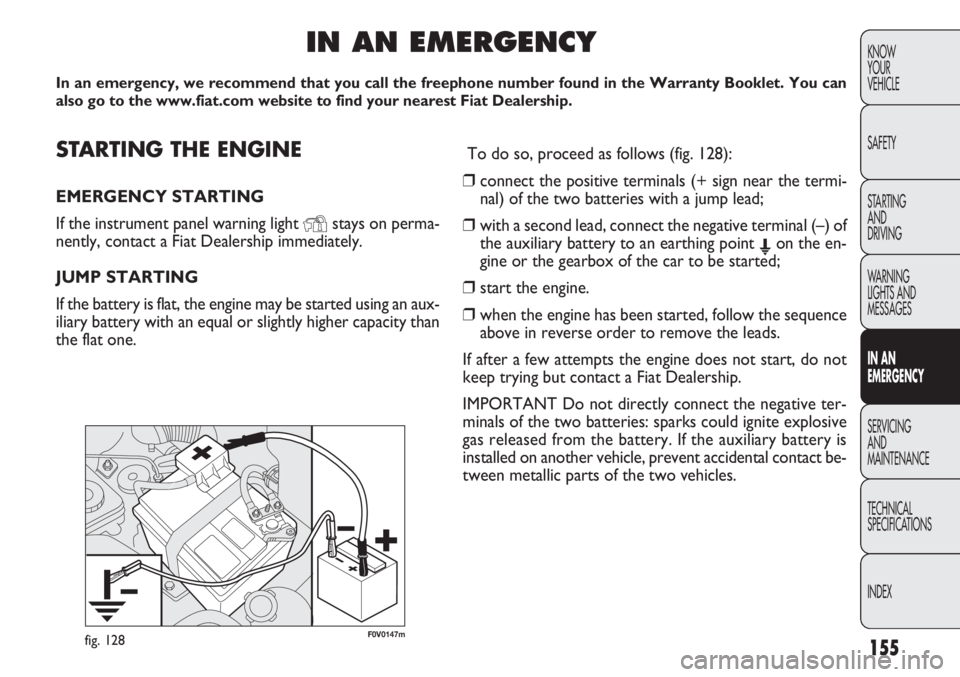 FIAT DOBLO COMBI 2012  Owner handbook (in English) 155
KNOW
YOUR
VEHICLE
SAFETY
STARTING 
AND
DRIVING
WARNING 
LIGHTS AND
MESSAGES
IN AN 
EMERGENCY
SERVICING
AND
MAINTENANCE
TECHNICAL
SPECIFICATIONS
INDEX
F0V0147mfig. 128
STARTING THE ENGINE
EMERGENCY