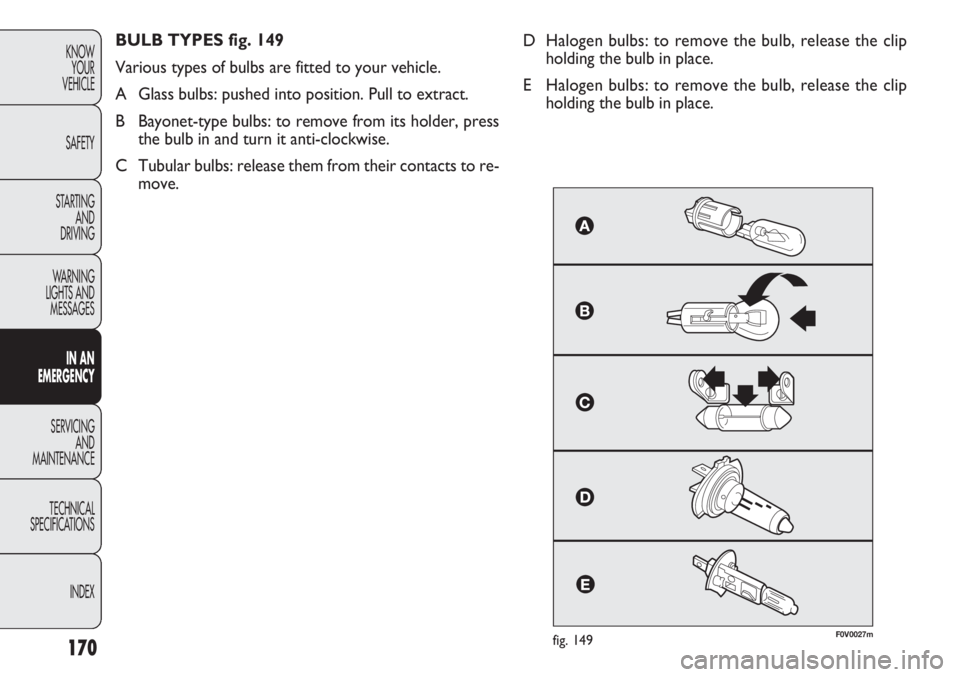 FIAT DOBLO COMBI 2012 Owner handbook (in English) 170
KNOWYOUR
VEHICLE
SAFETY
STARTING AND
DRIVING
WARNING
LIGHTS AND MESSAGES
IN AN
EMERGENCY
SERVICING AND
MAINTENANCE
TECHNICAL
SPECIFICA TIONS
INDEX
F0V0027mfig. 149
BULB TYPES fig. 149
Various t FIAT DOBLO COMBI 2012 Owner handbook (in English) 170
KNOWYOUR
VEHICLE
SAFETY
STARTING AND
DRIVING
WARNING
LIGHTS AND MESSAGES
IN AN
EMERGENCY
SERVICING AND
MAINTENANCE
TECHNICAL
SPECIFICA TIONS
INDEX
F0V0027mfig. 149
BULB TYPES fig. 149
Various t