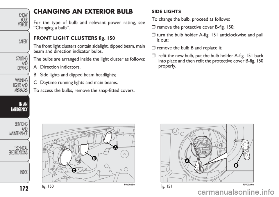 FIAT DOBLO COMBI 2013  Owner handbook (in English) 172
KNOWYOUR
VEHICLE
SAFETY
STARTING  AND
DRIVING
WARNING 
LIGHTS AND MESSAGES
IN AN 
EMERGENCY
SERVICING AND
MAINTENANCE
TECHNICAL
SPECIFICA TIONS
INDEX
F0V0028mfig. 150F0V0029mfig. 151
CHANGING AN E