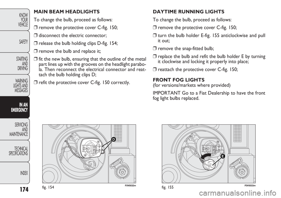 FIAT DOBLO COMBI 2013  Owner handbook (in English) 174
KNOWYOUR
VEHICLE
SAFETY
STARTING  AND
DRIVING
WARNING 
LIGHTS AND MESSAGES
IN AN 
EMERGENCY
SERVICING AND
MAINTENANCE
TECHNICAL
SPECIFICA TIONS
INDEX
F0V0032mfig. 154F0V0033mfig. 155
DAYTIME RUNNI