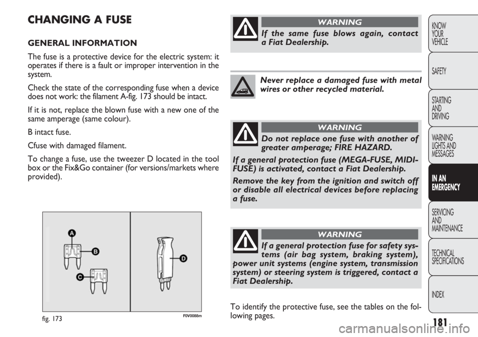 FIAT DOBLO COMBI 2012 Owner handbook (in English) 181
KNOW
YOUR
VEHICLE
SAFETY
STARTING
AND
DRIVING
WARNING
LIGHTS AND
MESSAGES
IN AN
EMERGENCY
SERVICING
AND
MAINTENANCE
TECHNICAL
SPECIFICATIONS
INDEX
F0V0088mfig. 173
CHANGING A FUSE
GENERAL INFOR FIAT DOBLO COMBI 2012 Owner handbook (in English) 181
KNOW
YOUR
VEHICLE
SAFETY
STARTING
AND
DRIVING
WARNING
LIGHTS AND
MESSAGES
IN AN
EMERGENCY
SERVICING
AND
MAINTENANCE
TECHNICAL
SPECIFICATIONS
INDEX
F0V0088mfig. 173
CHANGING A FUSE
GENERAL INFOR